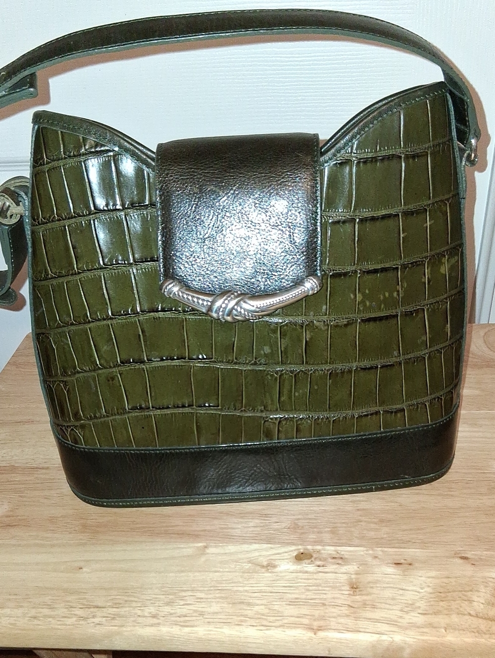 Brighton Olive Croc-Embossed Shoulder Bag with Dark Trim and Silver Knot